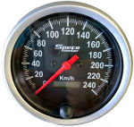 521-00 speedometer. 85mm diameter. Black dial, white markings, silver bezel. 0-200 kph.