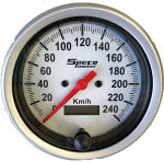 520-00 speedometer. 85mm diameter. White dial, black markings, silver bezel. 0-200 kph.