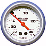 524-04 vac/boost gauge. Silver dial, silver bezel. 30–0–30 psi.