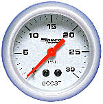 524-05 boost gauge (no vac). Silver dial, silver bezel. 30–0–30 psi.
