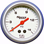 524-07 fuel pressure gauge. Silver dial, silver bezel. 15 psi.